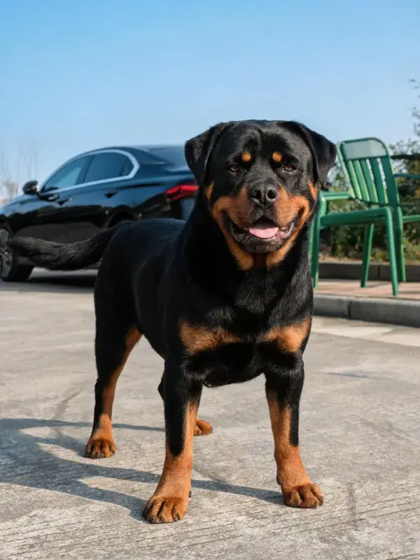 户外停车场内黑棕色罗威纳犬的特写