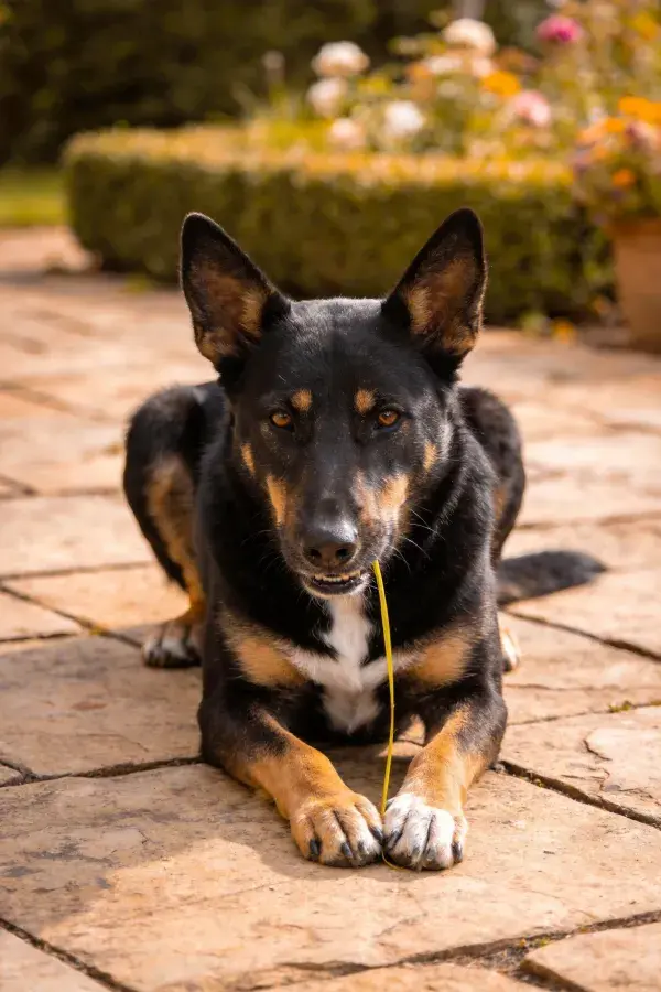 德国牧羊犬叼草茎于庭院石板路