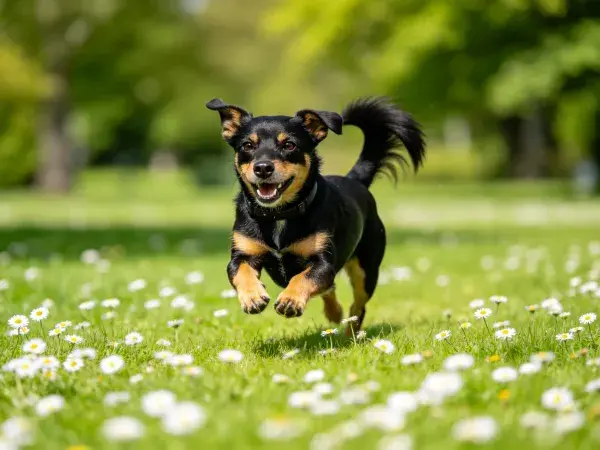阳光草地中小型杜宾犬奔跑场景