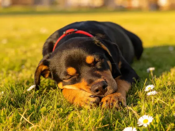 草地上的罗威纳犬休息场景