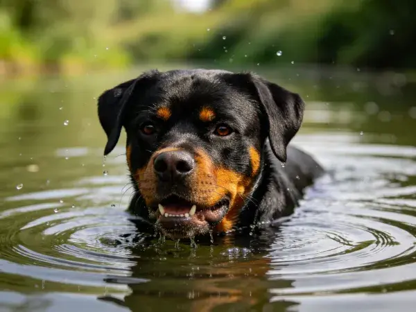 罗威纳犬在水域的游泳特写