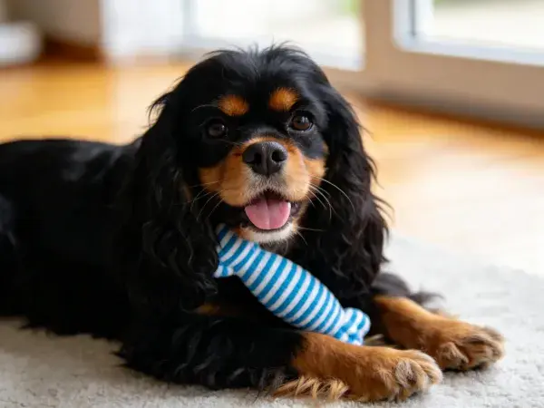 卡瓦利王查理王小猎犬持玩具躺卧场景