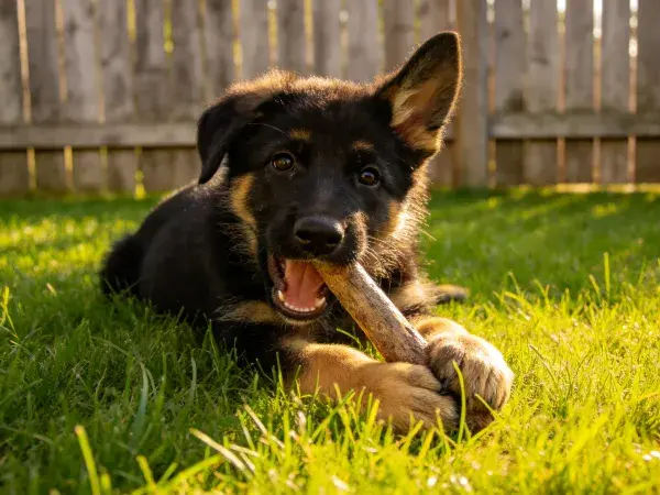 德国牧羊犬幼犬啃咬木棍于草坪