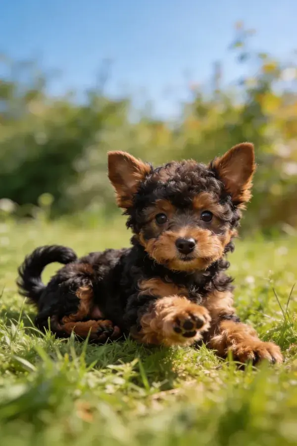 黑棕相间的混血幼犬在草地休憩瞬间