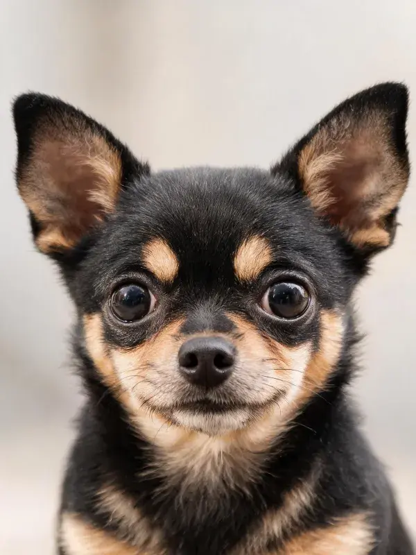 中性背景下小型长毛吉娃娃犬特写