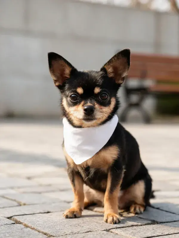 吉娃娃犬坐在户外石板路上