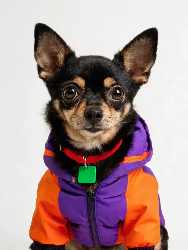 吉娃娃犬穿彩色外套的特写