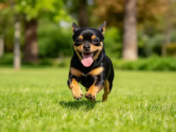 草地上的迷你杜宾犬奔跑画面