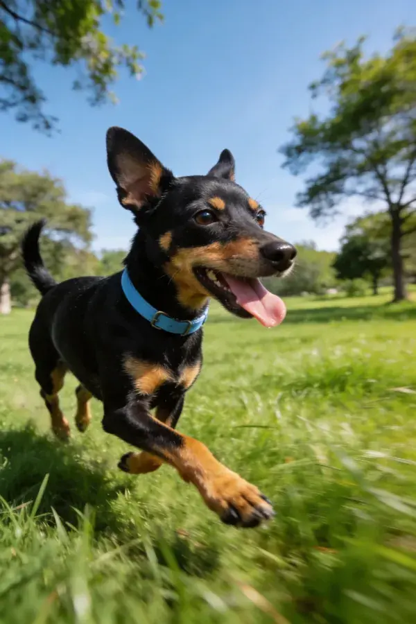 青草地上奔跑的迷你杜宾犬