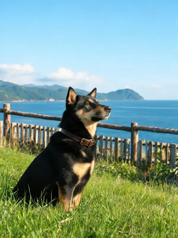 海滨草地上的黑棕色猎犬特写