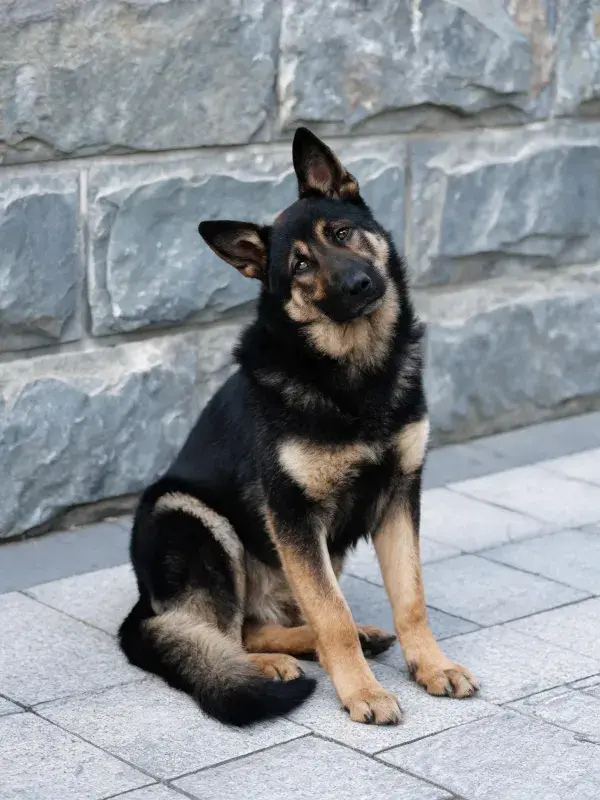 砖石墙面旁德国牧羊犬坐姿特写