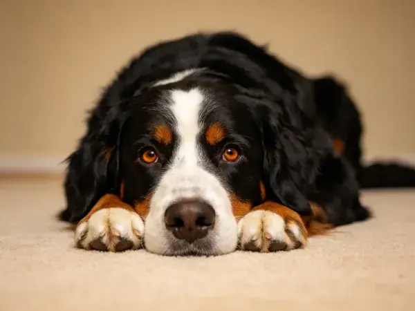 伯恩山犬在室内地毯的姿态特写
