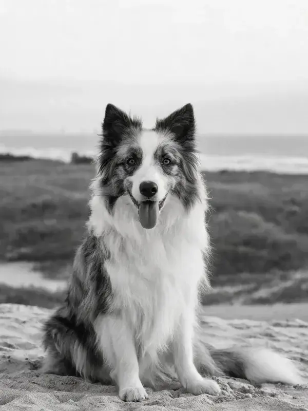 海滩沙地上的边境牧羊犬特写