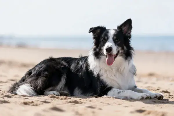 沙滩上休息的边境牧羊犬