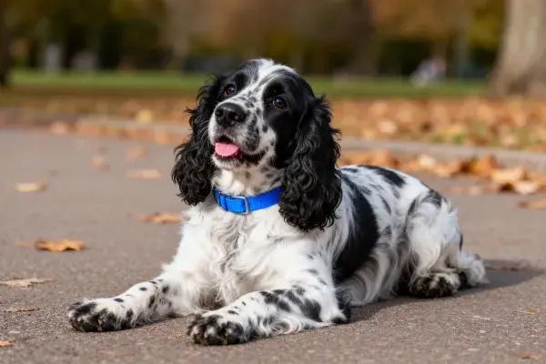 步道上侧卧休息的英国可卡犬