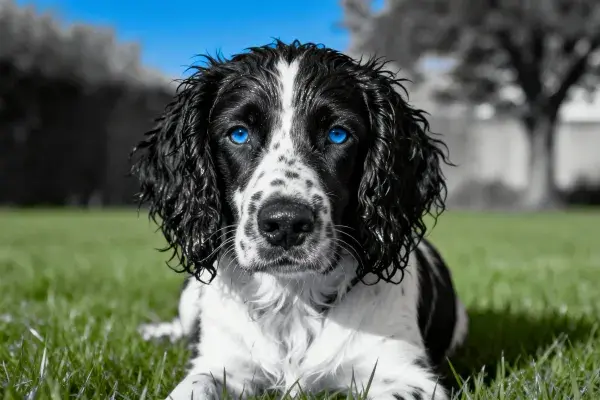 英国史宾格犬趴卧在草坪上