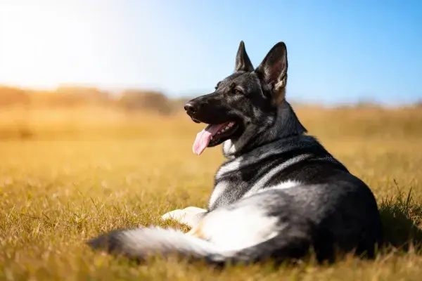 草地上的德牧犬休憩场景