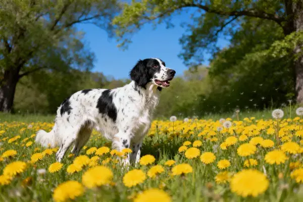 英格兰赛特犬与蒲公英花田