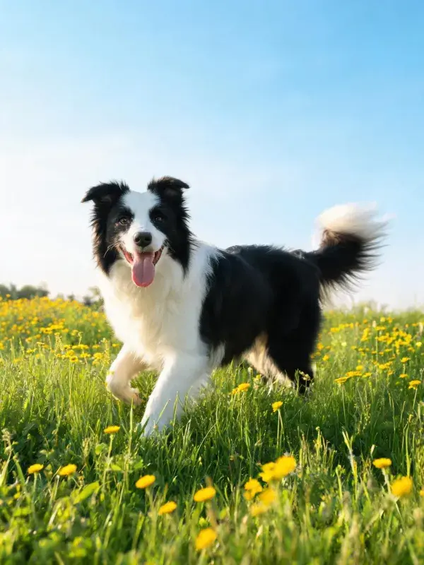 草地黄花间黑白边境牧羊犬特写