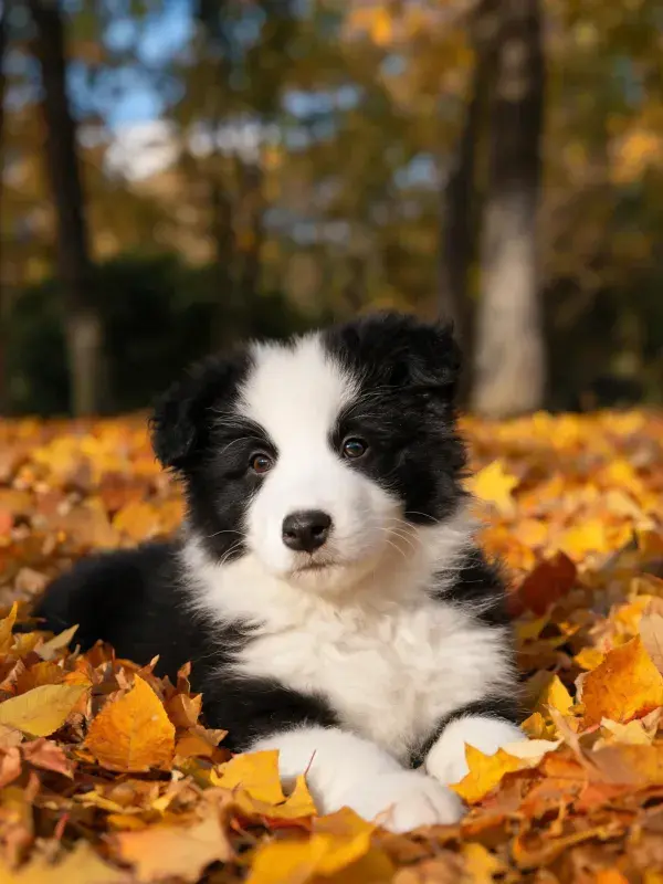 秋日落叶间的黑白边境牧羊犬幼犬