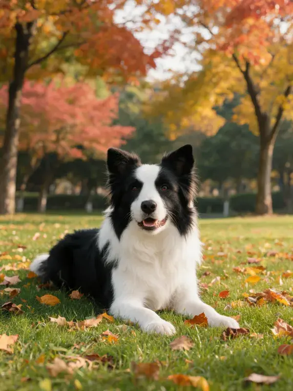 秋日草坪上的黑白边境牧羊犬