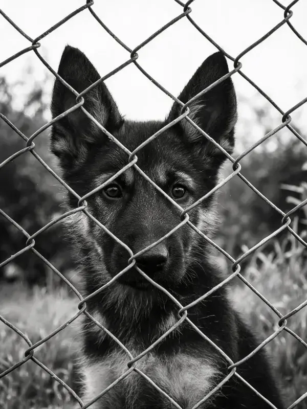铁丝网前草地上的德国牧羊犬幼犬