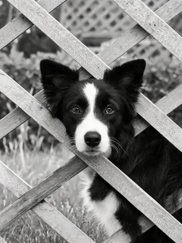 边境牧羊犬透过木栅栏凝望
