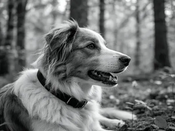 森林地面上的黑白边境牧羊犬