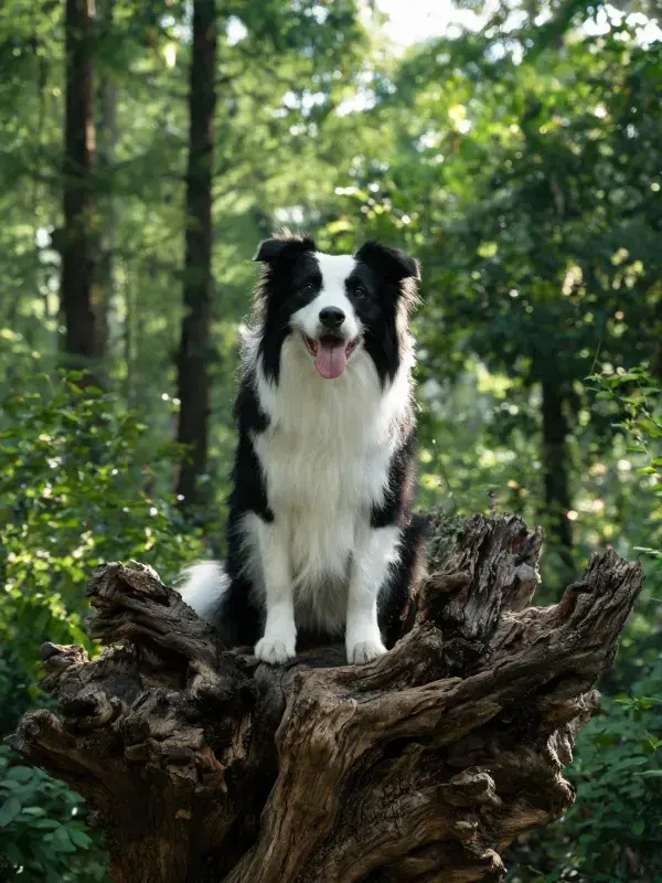 森林枯木上的黑白边境牧羊犬特写