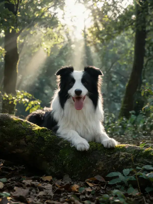 森林中黑白边境牧羊犬趴在苔藓原木上