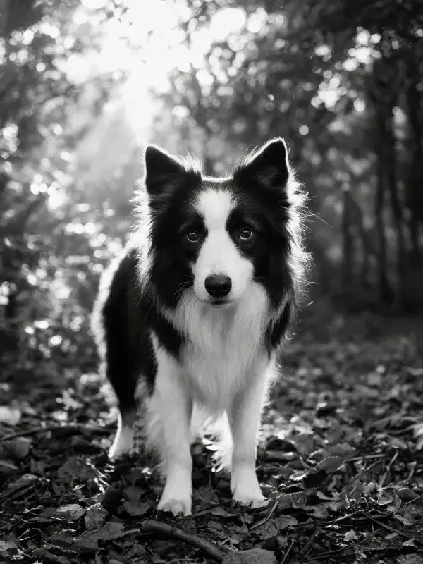 林间落叶小径上的边境牧羊犬