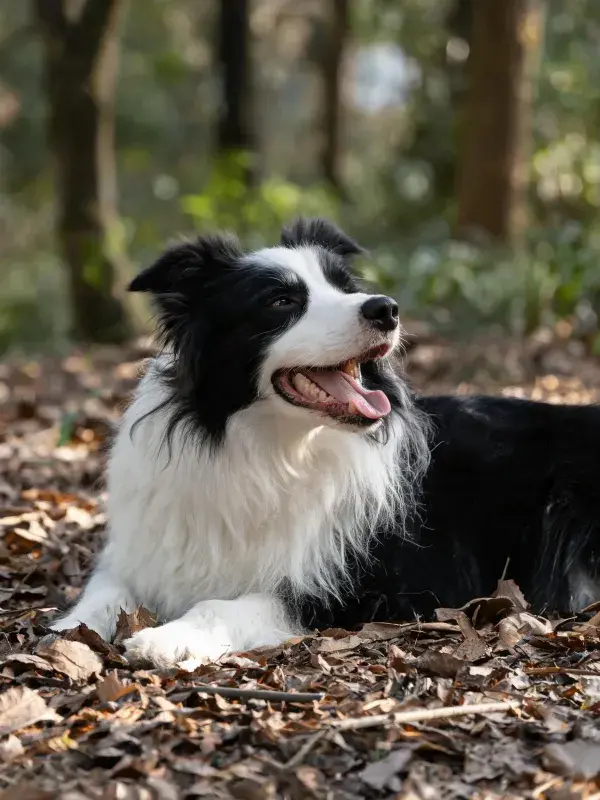 林间落叶处黑白边境牧羊犬特写