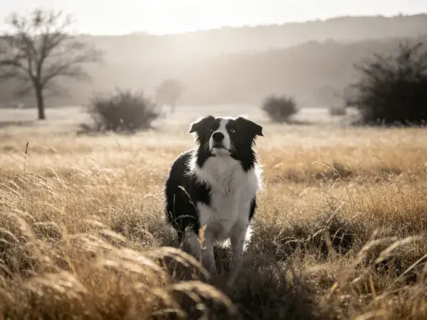 开阔草地里的黑白边境牧羊犬