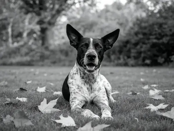 斑点混血指示犬在落叶草地上的姿态