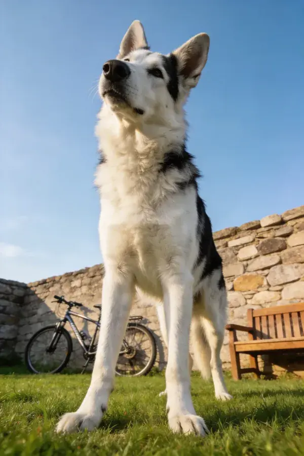 低角度特写下的黑白德国牧羊犬