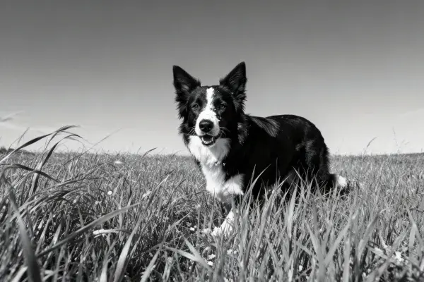 开阔草地上的黑白边境牧羊犬