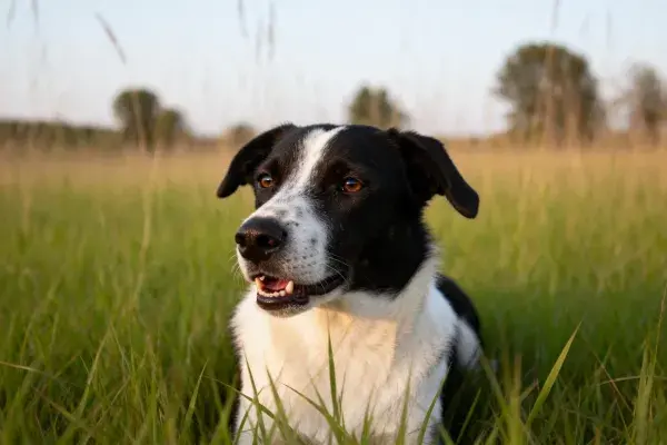 青草地上黑白工作型混种犬的瞬间