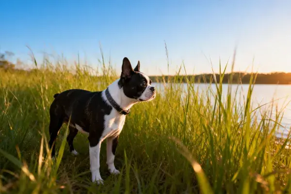 湖畔草丛中的波士顿梗犬