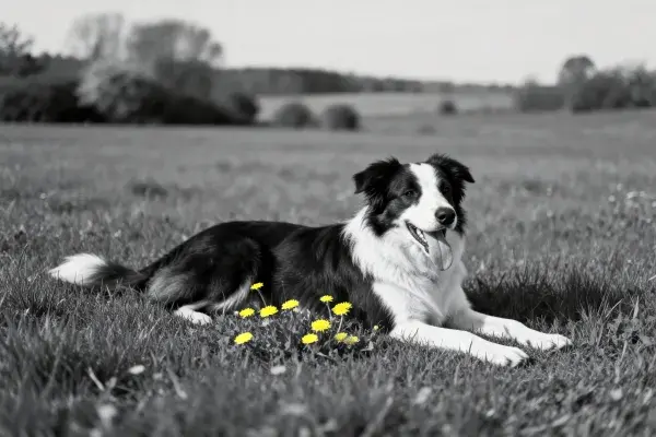 边境牧羊犬于草地蒲公英旁休憩