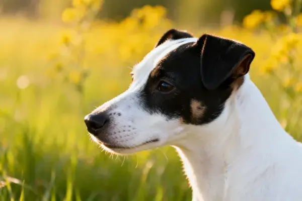 黑白杰克罗素梗犬于野花草地特写镜头
