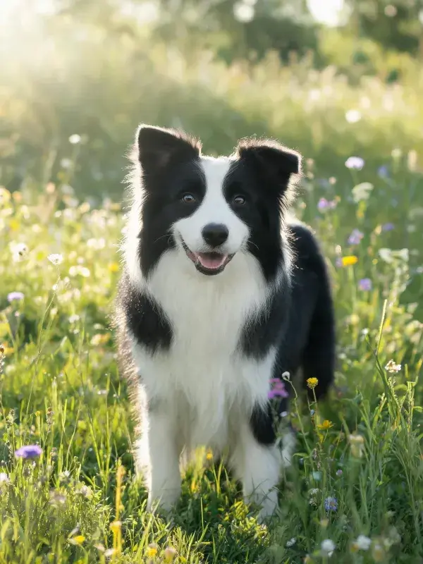 边境牧羊犬站立于花草草地场景