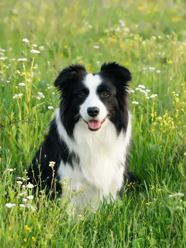 草地花丛间黑白边境牧羊犬特写