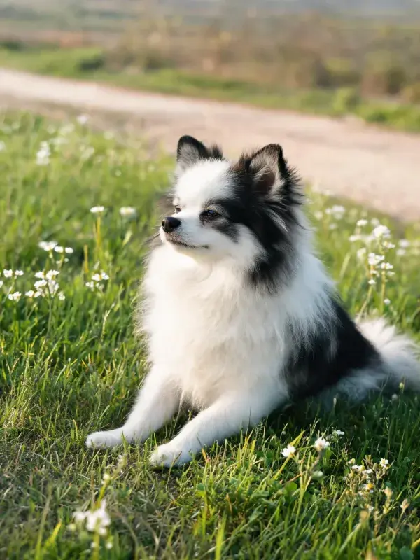 黑白博美犬在草地休憩的场景