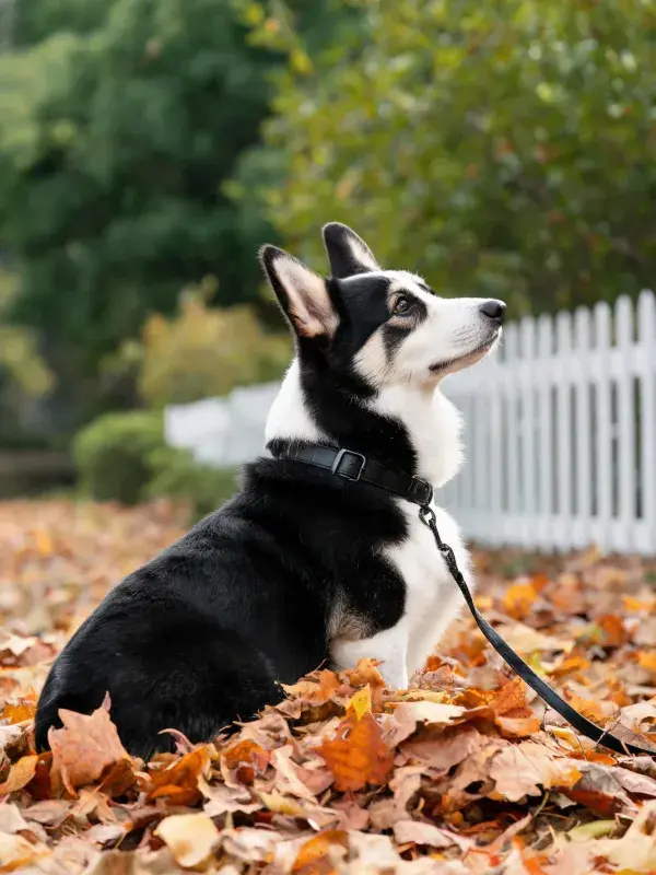 秋日落叶中混血柯基犬的特写