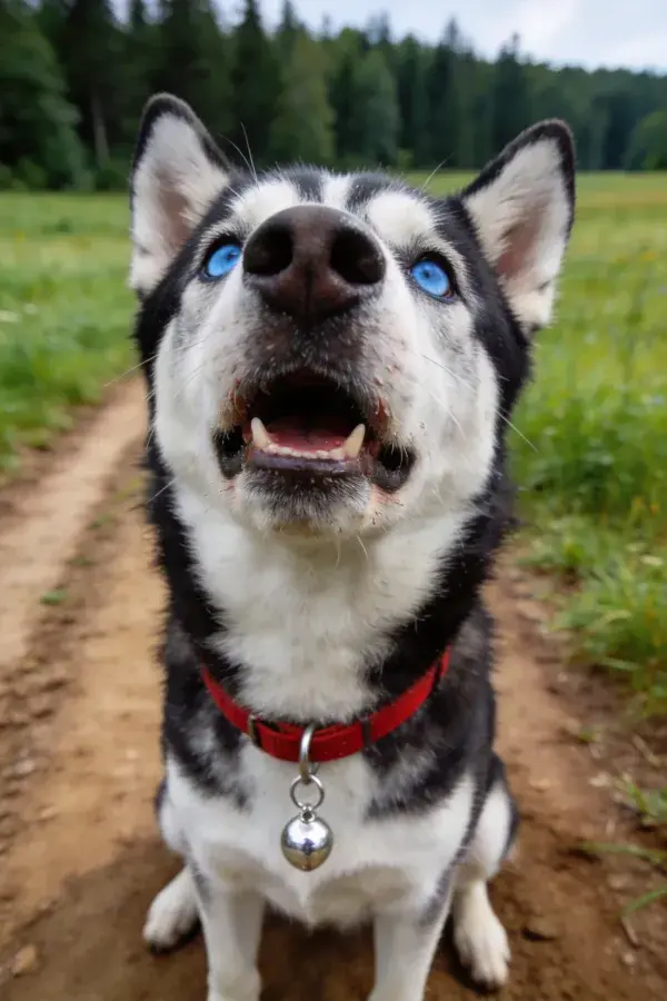 蓝眼雪橇犬抬头注视瞬间