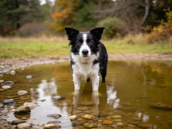 边境牧羊犬在浅溪中的特写镜头
