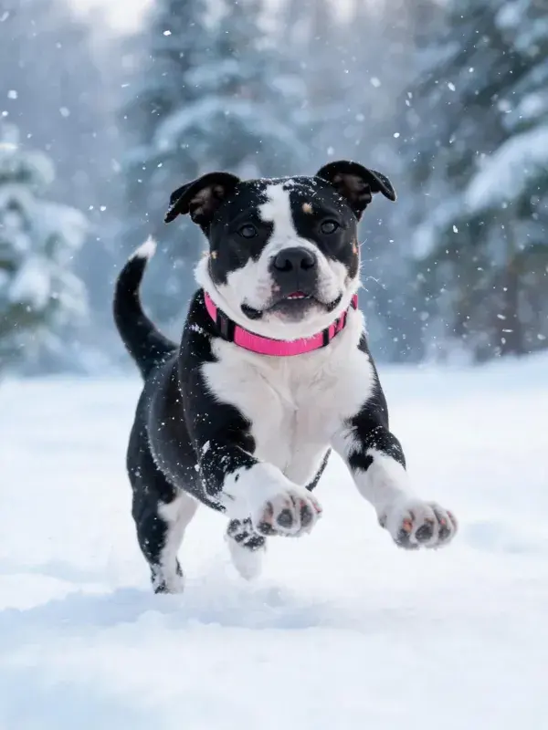 雪地中黑白比特混血犬奔跑场景