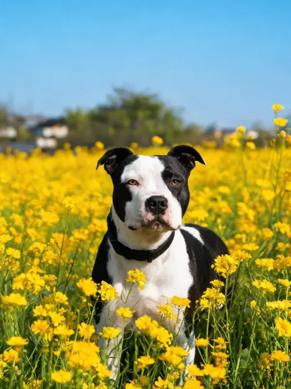 黄花田间站立的黑白拳师犬