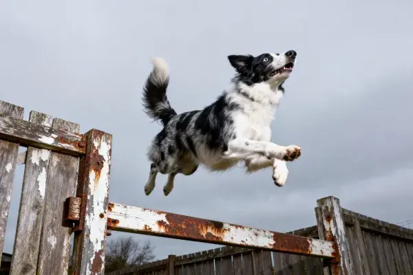 边境牧羊犬跳跃越过木栅栏