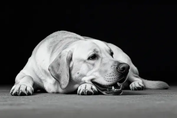 纯黑背景下拉布拉多犬趴卧画面